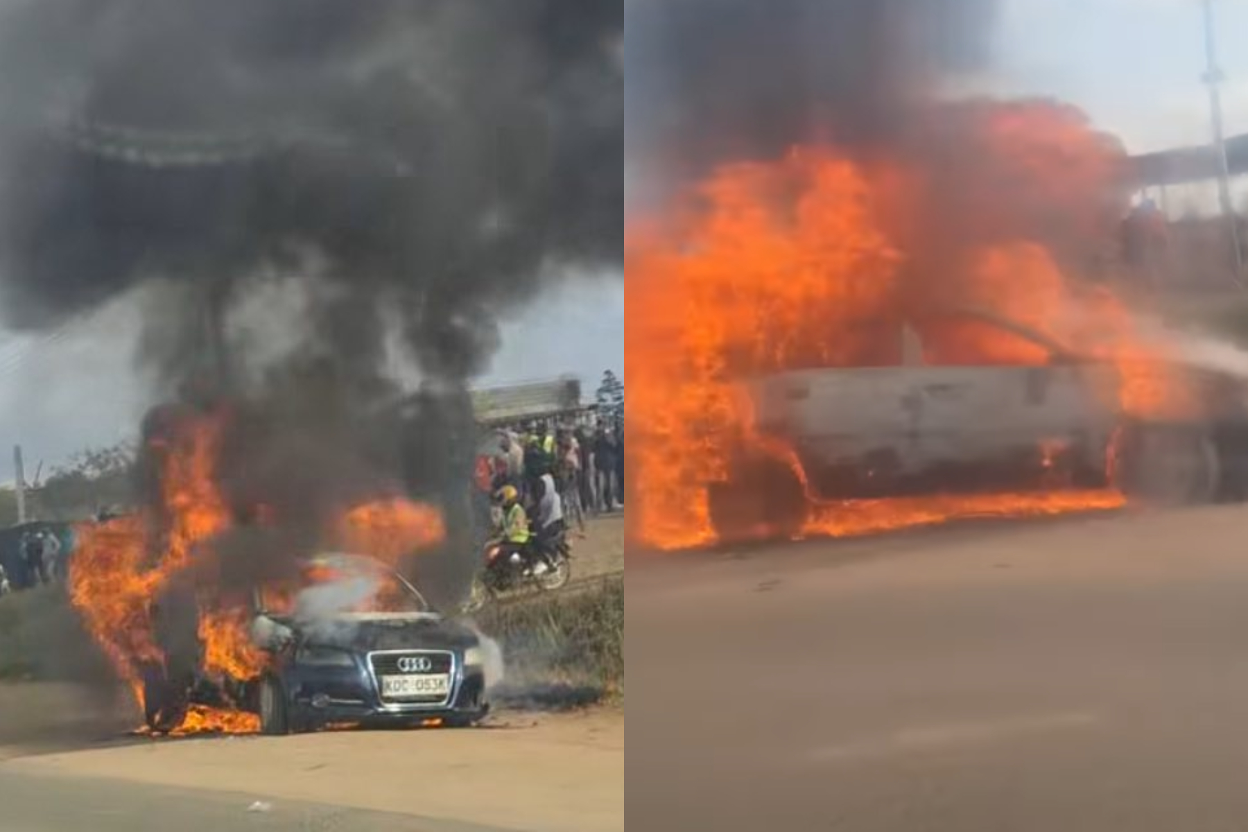 Collage photo of an Audi A3 set on fire in Makongeni, Thika.